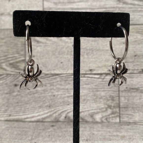 Silver Plated Spider Charm, Nickel Free, Small Hoop Earrings - Picture 5 of 7